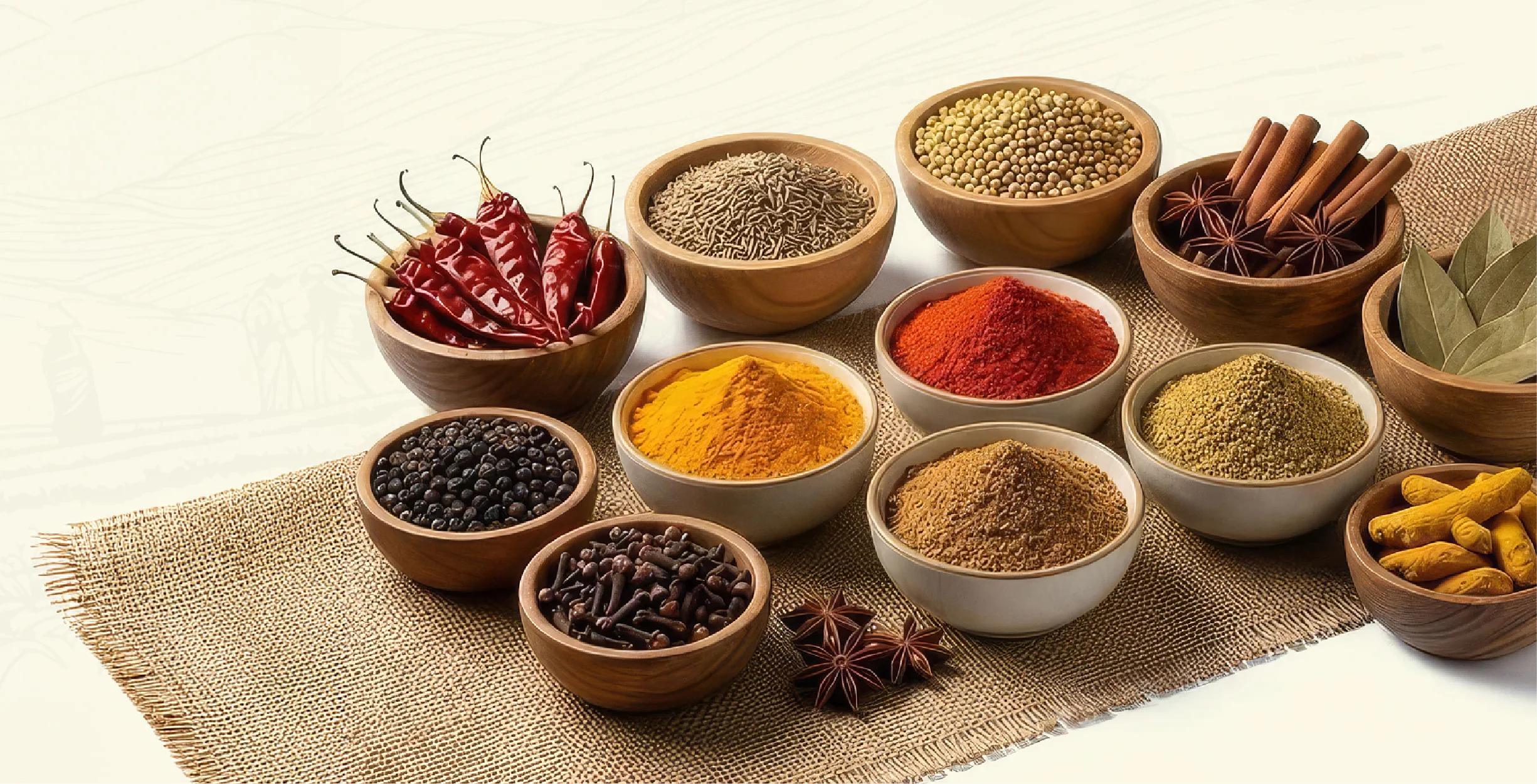 Bowls of whole and ground Indian spices — chillies, cumin, coriander, turmeric, cloves, pepper, star anise and cinnamon — on hessian cloth